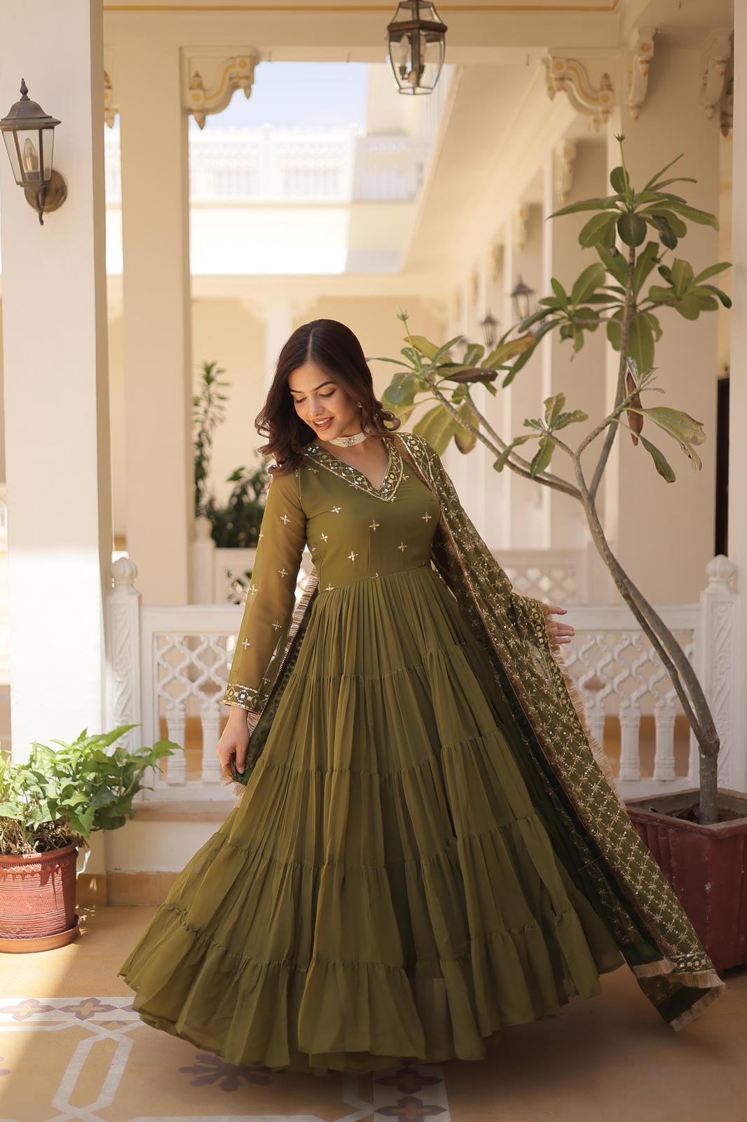 Solidcolour Georgette Rice Sequins Work Gown - Shopaholics Choice
