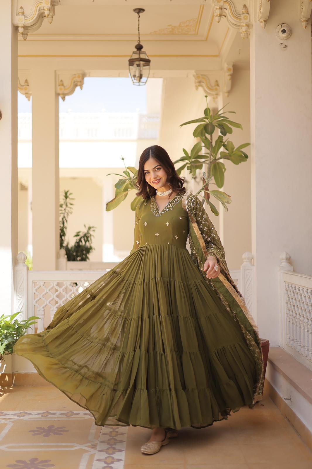 Solidcolour Georgette Rice Sequins Work Gown - Shopaholics Choice