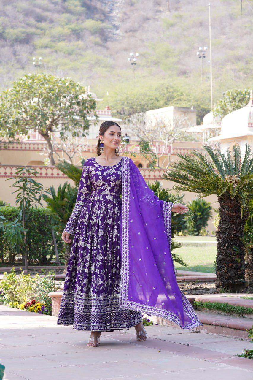 Viscose Jacquard Embroidered Gown - Shopaholics Choice