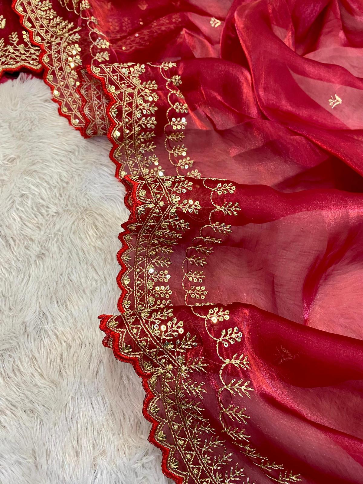 Red Jimmy Choo Zari Embroidered Saree - Shopaholics Choice