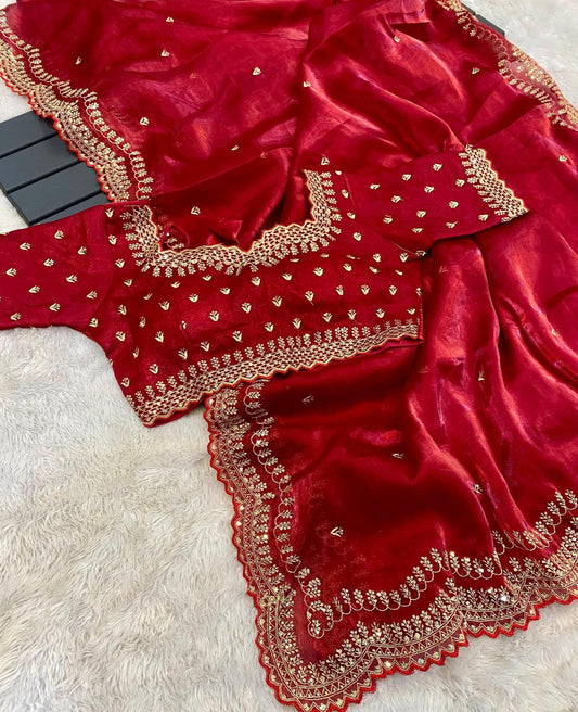Red Jimmy Choo Zari Embroidered Saree - Shopaholics Choice