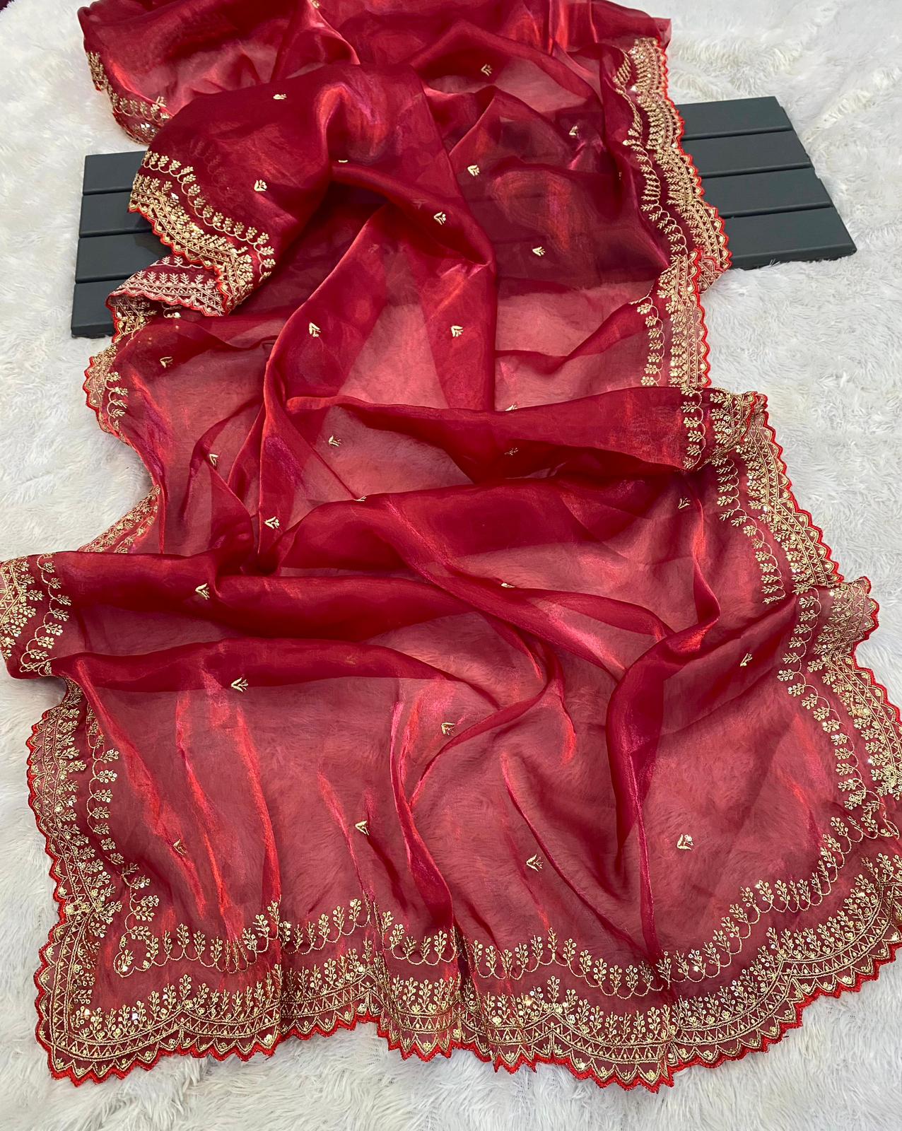 Red Jimmy Choo Zari Embroidered Saree - Shopaholics Choice