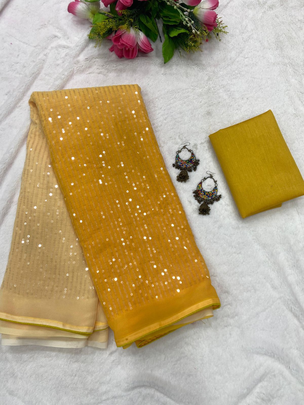 Yellow Ombre Georgette Sequins Saree - Shopaholics Choice