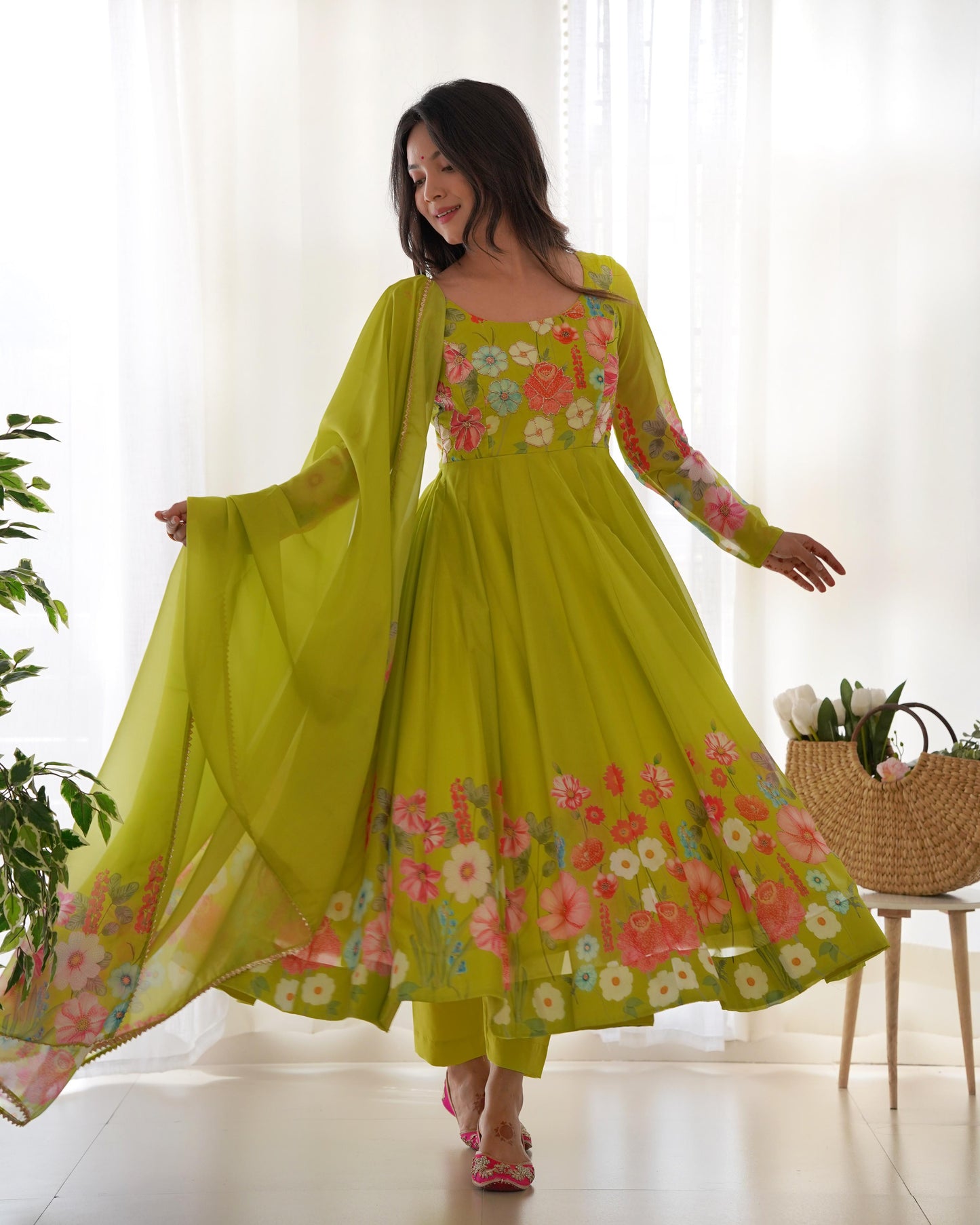 Green Organza Silk Printed Anarkali - Shopaholics Choice