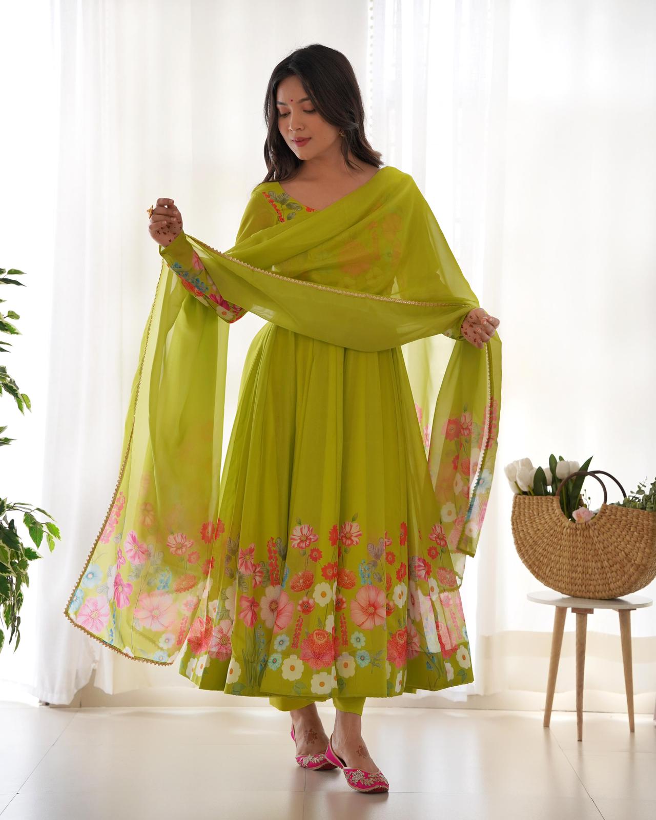 Green Organza Silk Printed Anarkali - Shopaholics Choice
