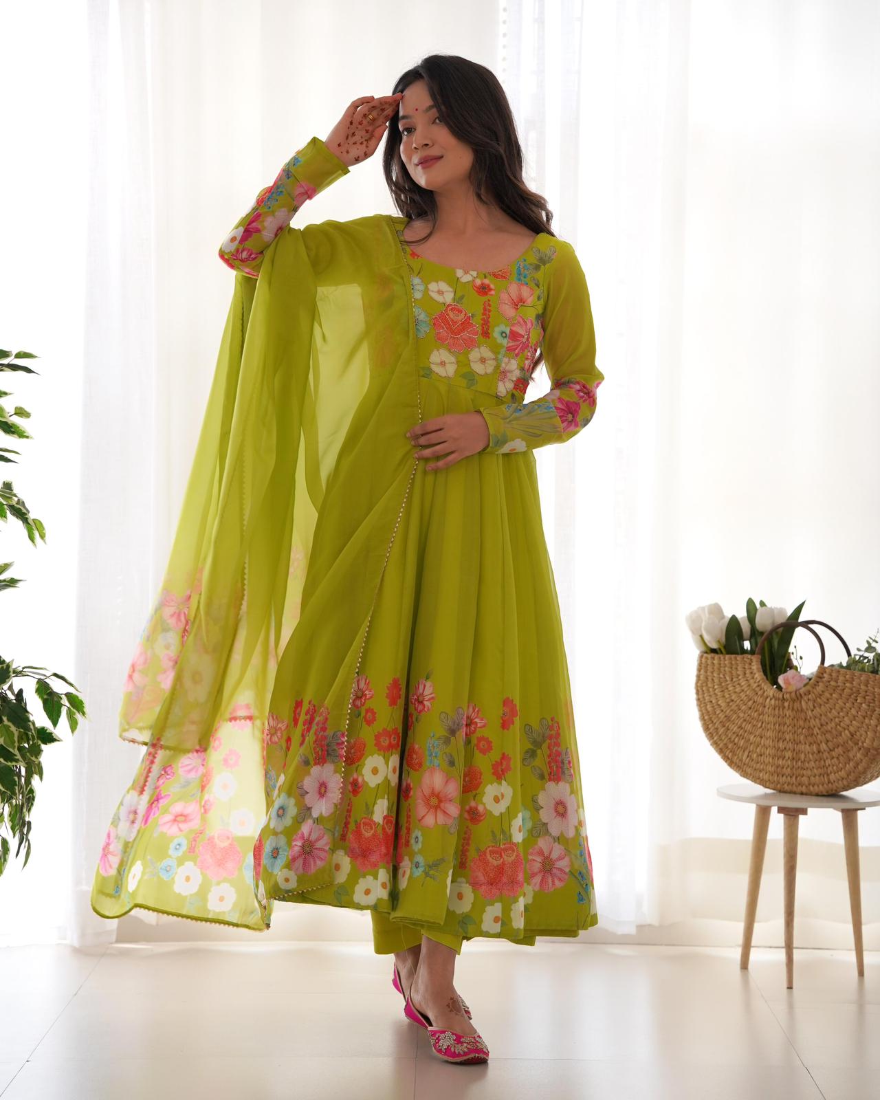 Green Organza Silk Printed Anarkali - Shopaholics Choice