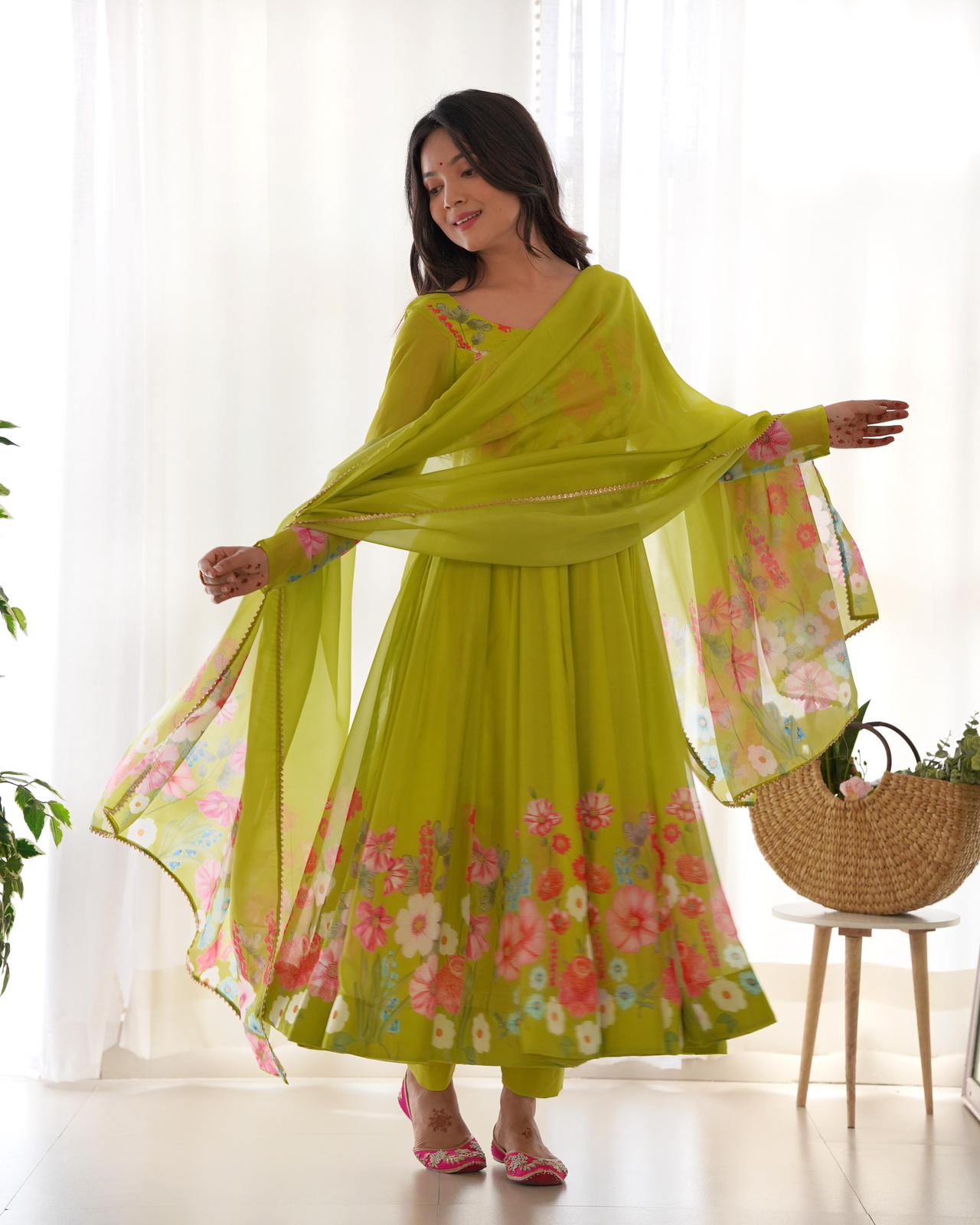 Green Organza Silk Printed Anarkali - Shopaholics Choice