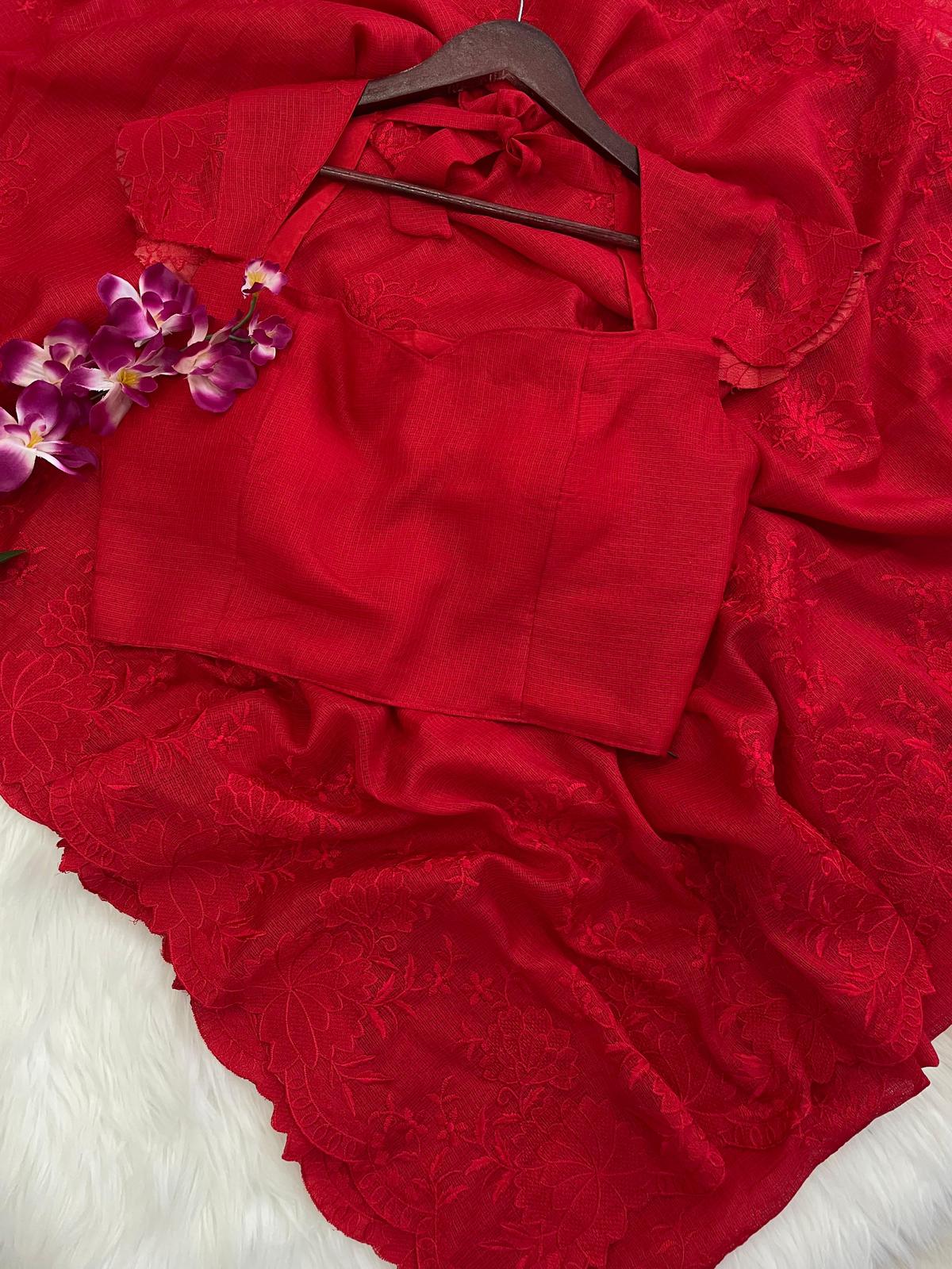 Solidcolour Kota Chex Embroidered Saree - Shopaholics Choice