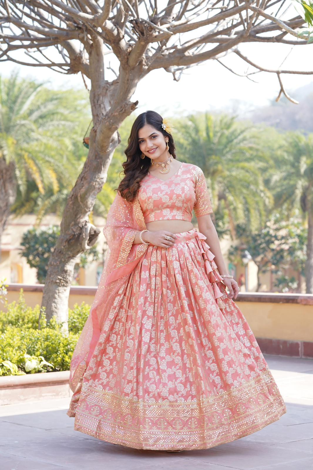 Solidcolour Dyable Viscose Jacquard Lehnga - Shopaholics Choice