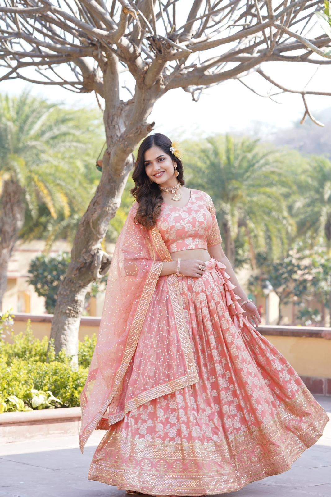 Solidcolour Dyable Viscose Jacquard Lehnga - Shopaholics Choice