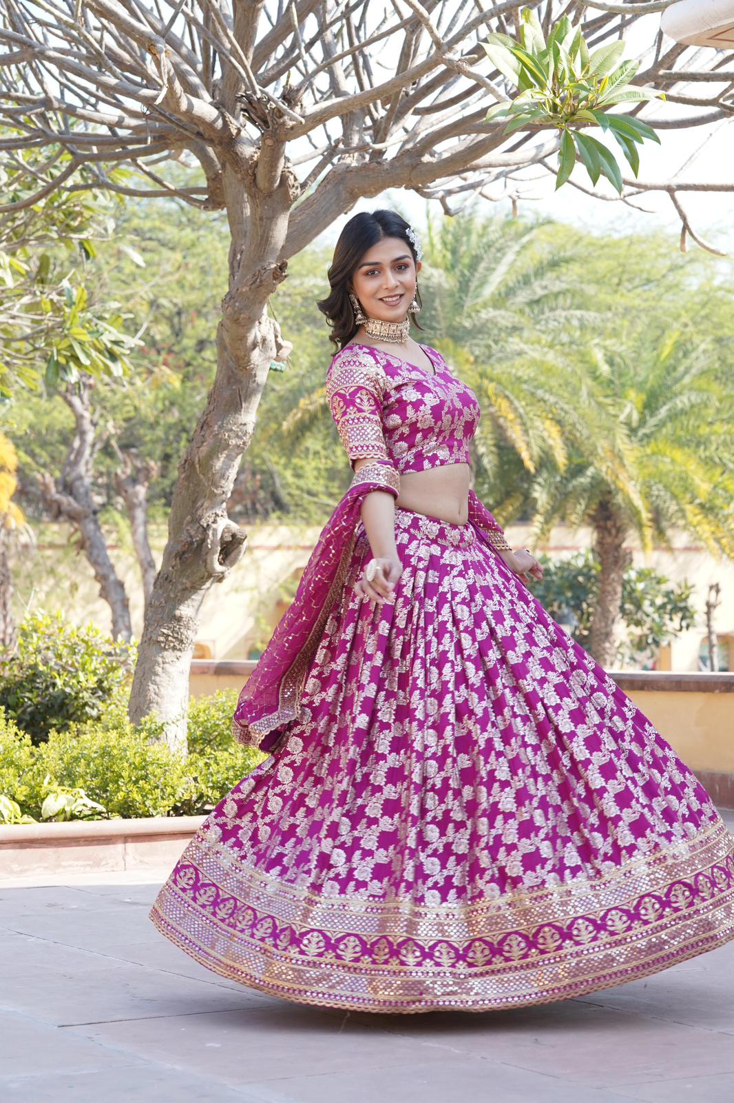 Solidcolour Dyable Viscose Jacquard Lehnga - Shopaholics Choice