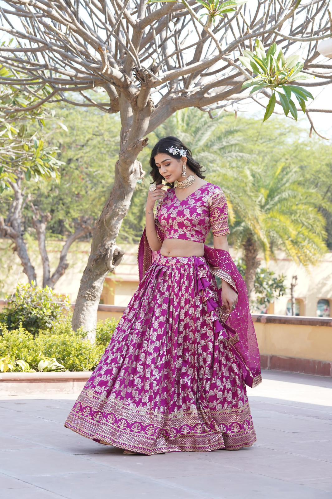 Solidcolour Dyable Viscose Jacquard Lehnga - Shopaholics Choice