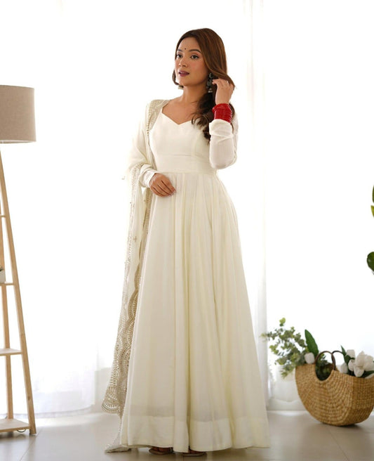 White Heavy Roman silk Anarkali Suit - Shopaholics Choice