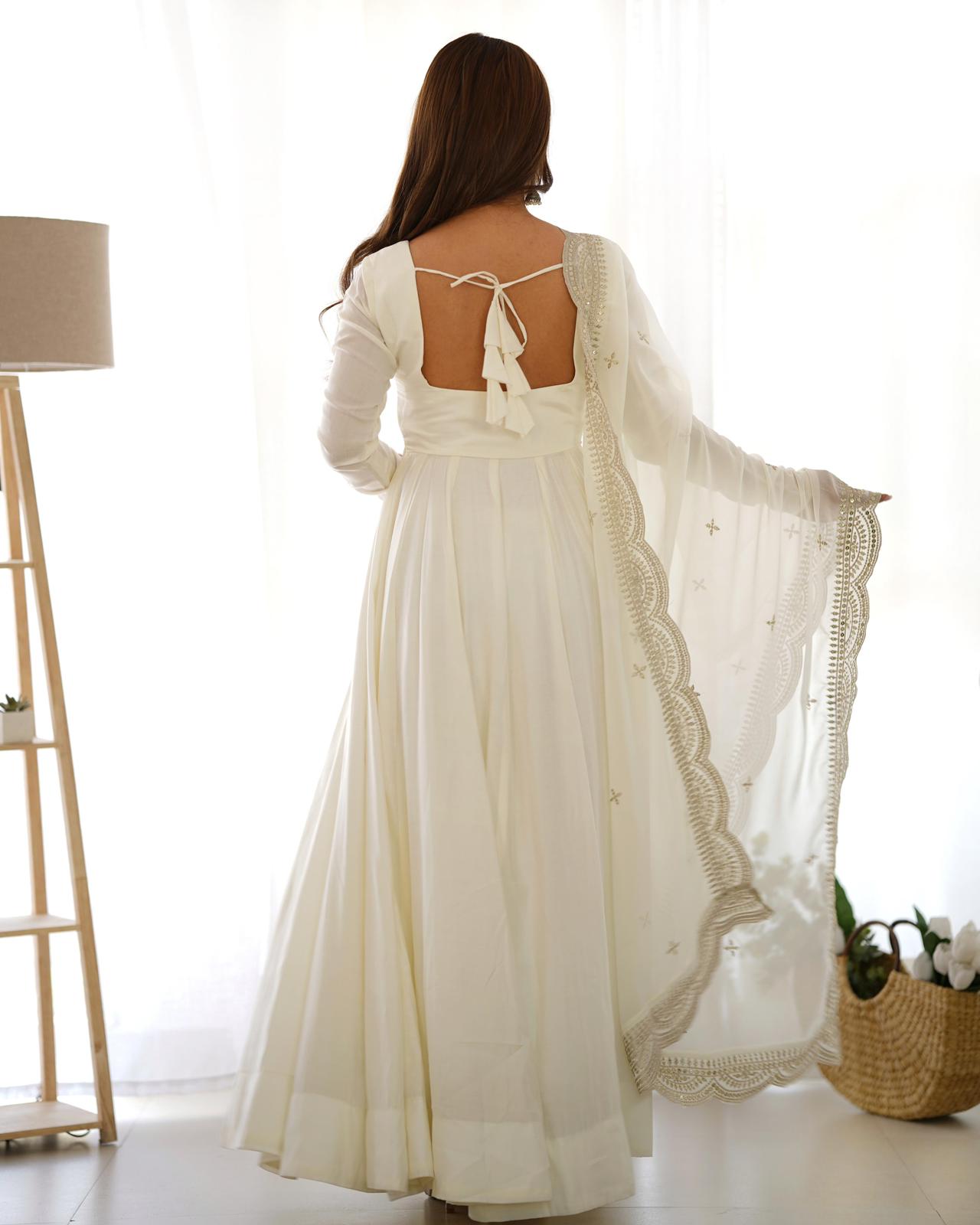 White Heavy Roman silk Anarkali Suit - Shopaholics Choice