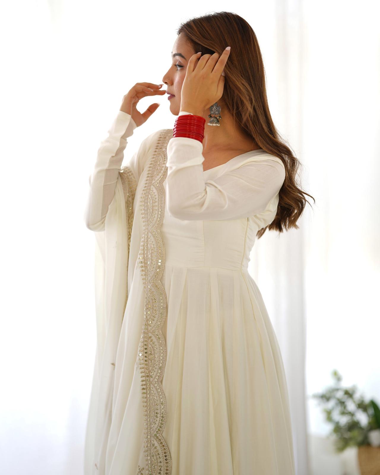 White Heavy Roman silk Anarkali Suit - Shopaholics Choice