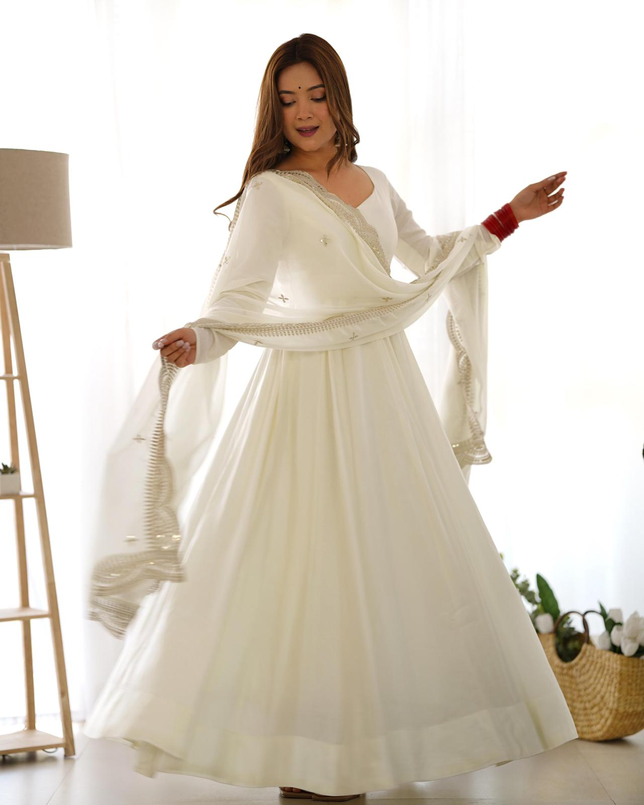 White Heavy Roman silk Anarkali Suit - Shopaholics Choice