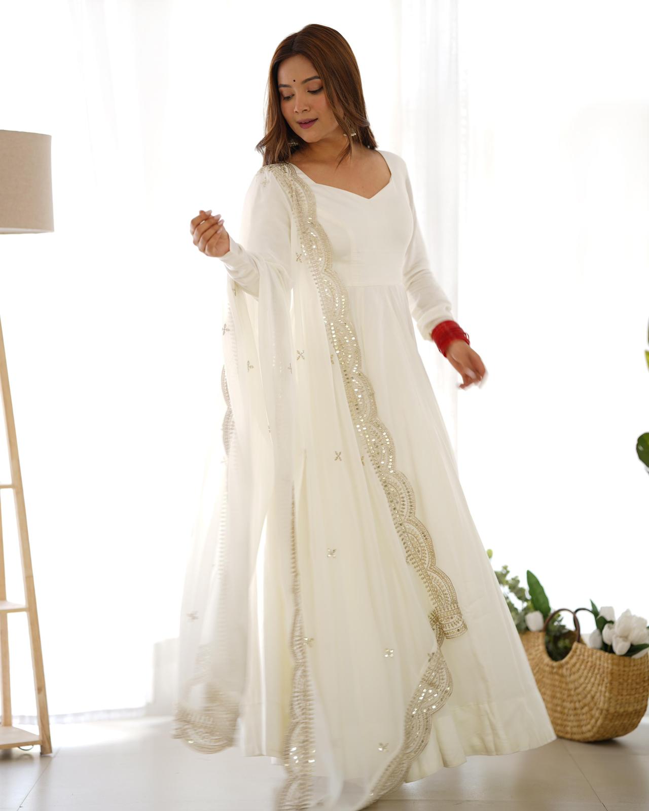 White Heavy Roman silk Anarkali Suit - Shopaholics Choice