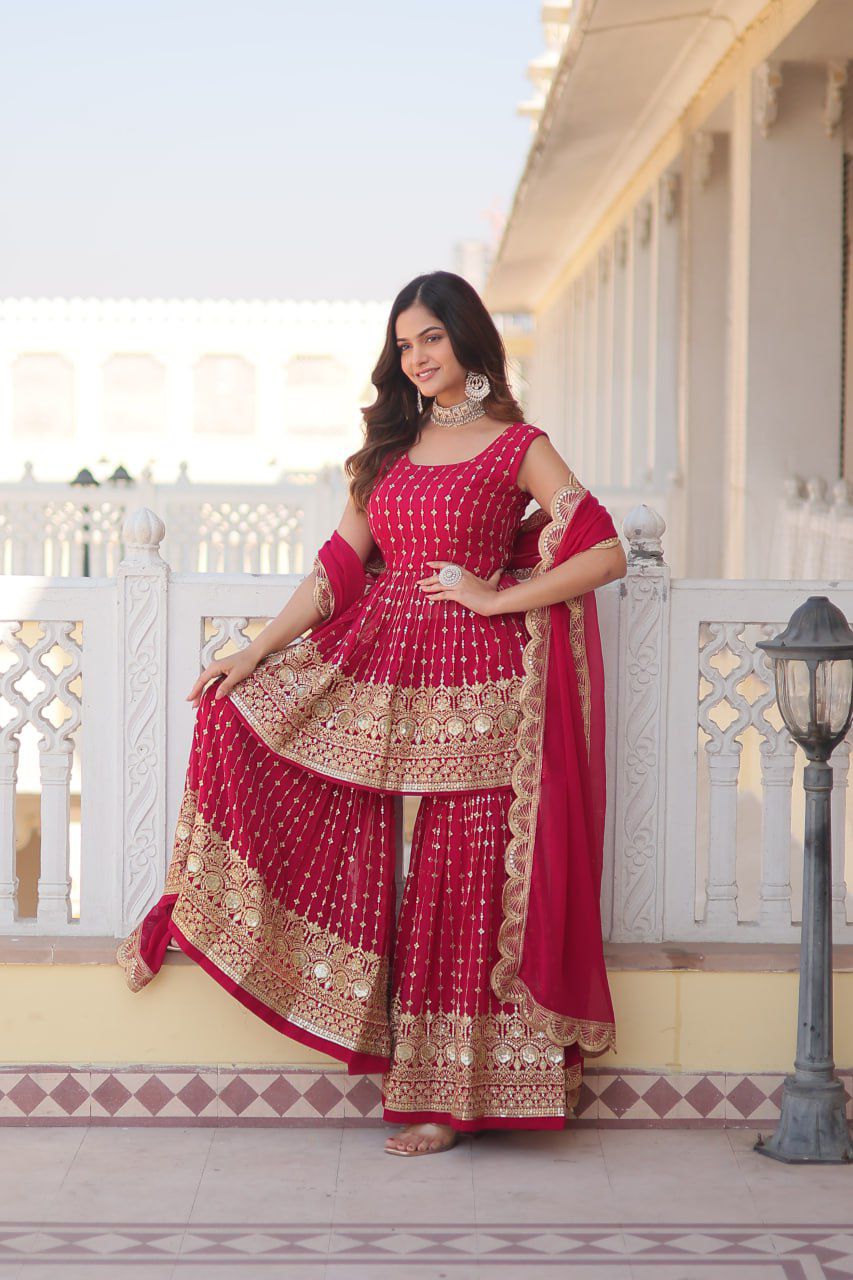 Solidcolour Georgette Sequins Work Sharara Suit - Shopaholics Choice
