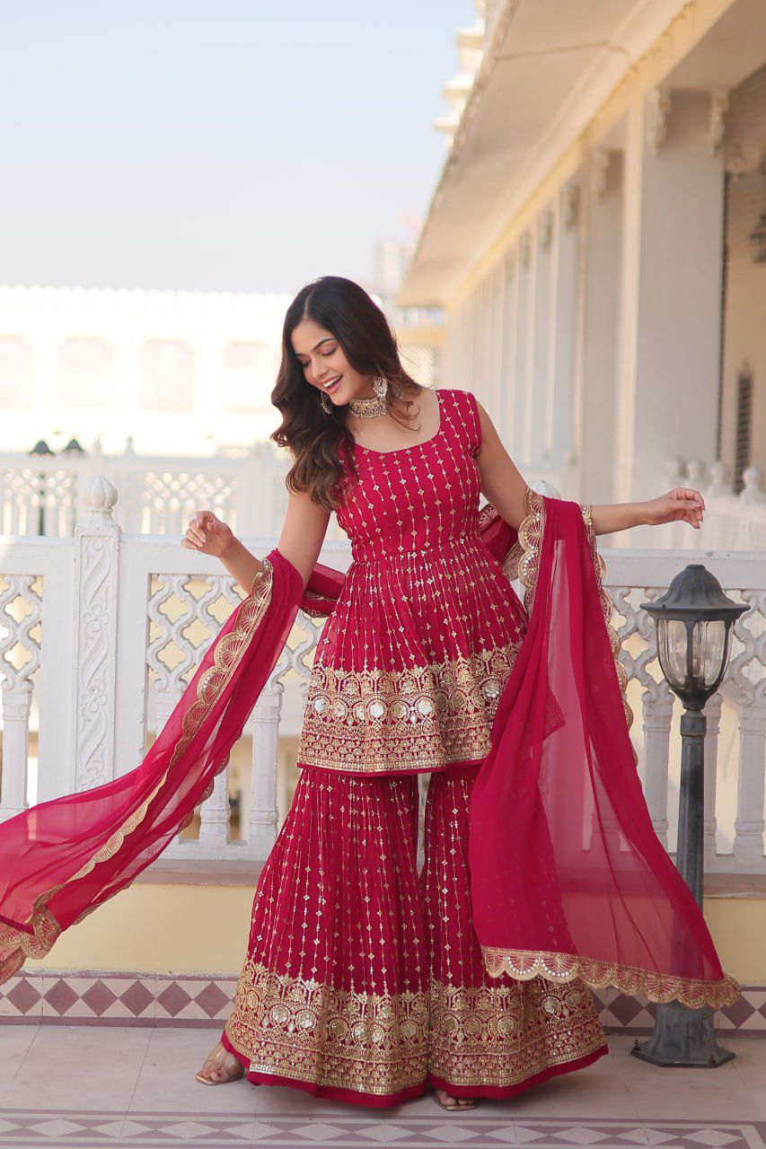 Solidcolour Georgette Sequins Work Sharara Suit - Shopaholics Choice