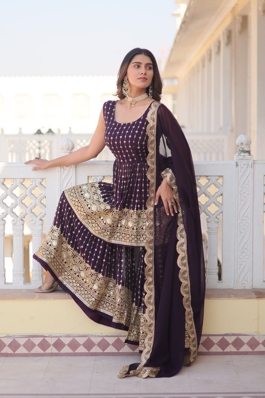 Solidcolour Georgette Sequins Work Sharara Suit - Shopaholics Choice