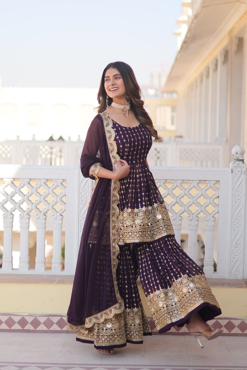 Solidcolour Georgette Sequins Work Sharara Suit - Shopaholics Choice