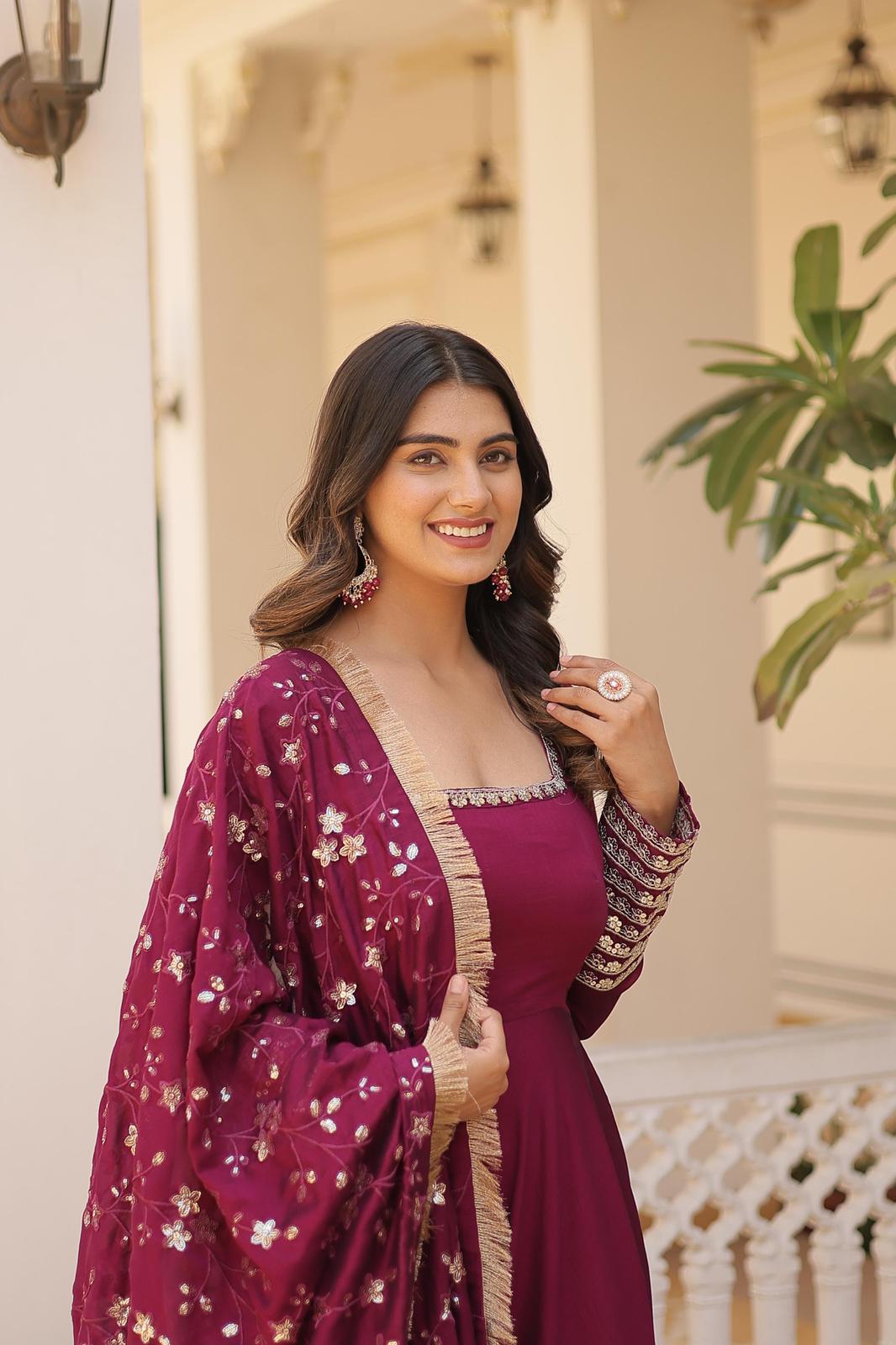 Solidcolour Vichitra Silk Embroidery Work Anarkali - Shopaholics Choice