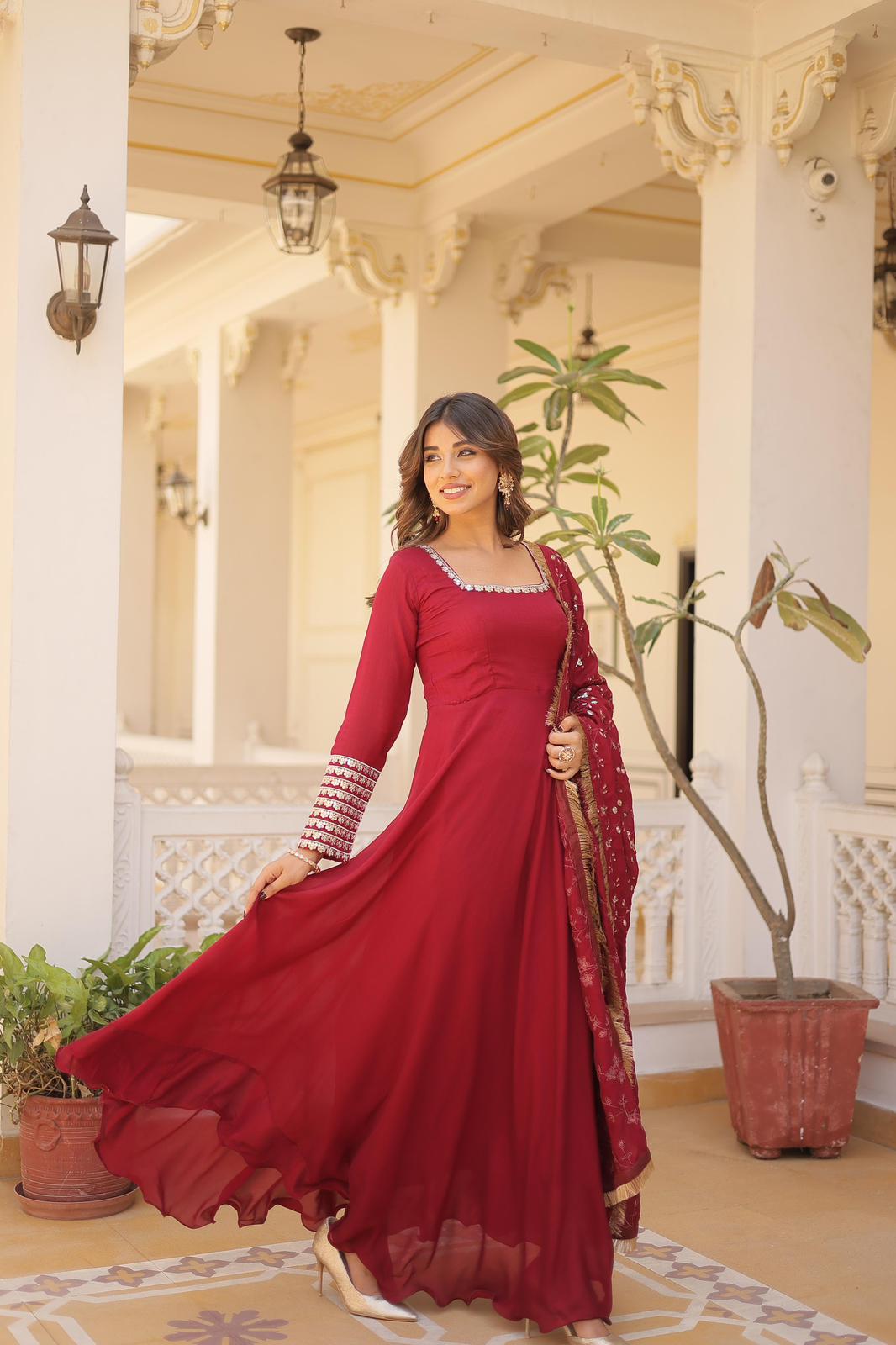 Solidcolour Vichitra Silk Embroidery Work Anarkali - Shopaholics Choice