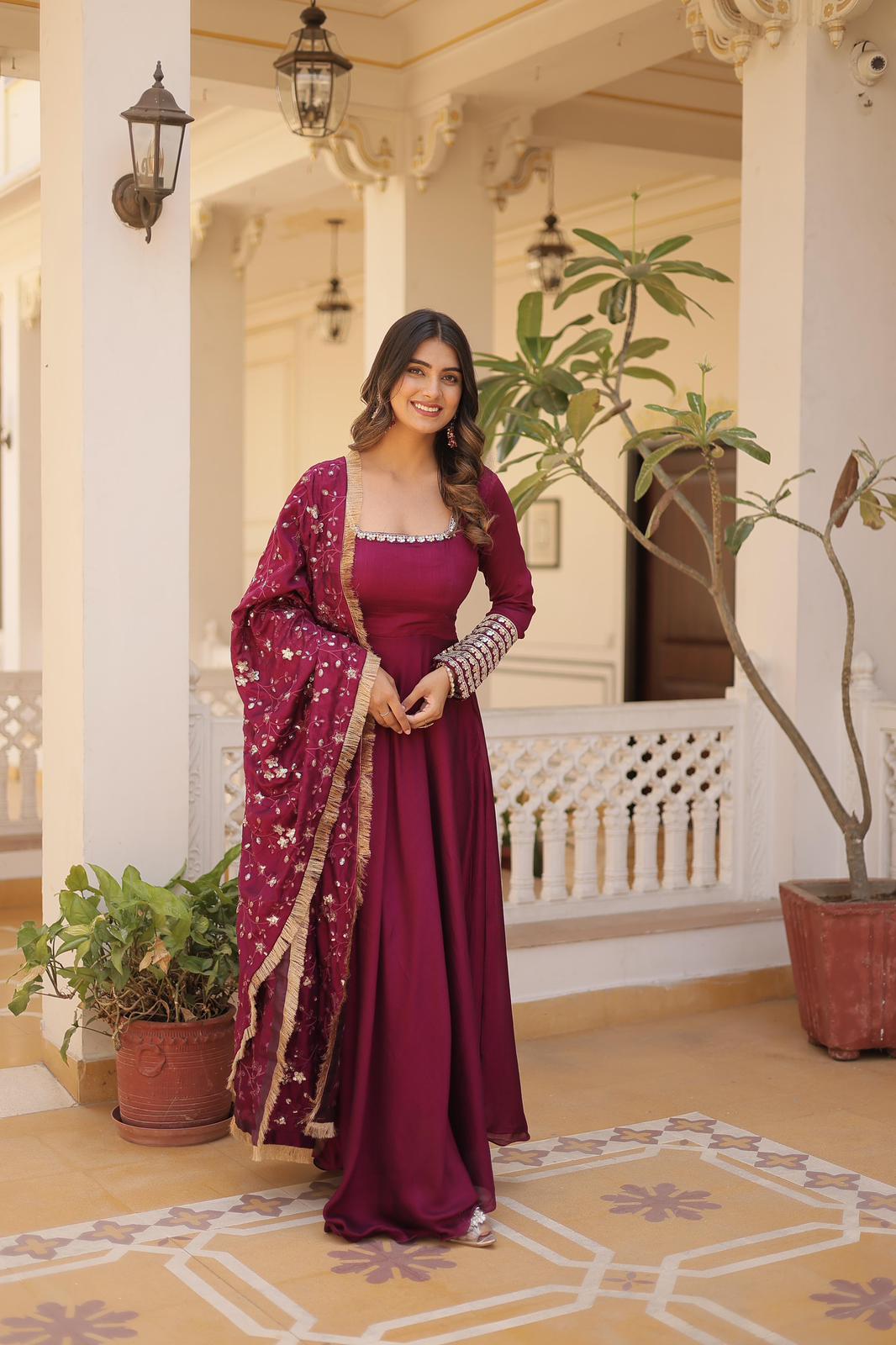 Solidcolour Vichitra Silk Embroidery Work Anarkali - Shopaholics Choice