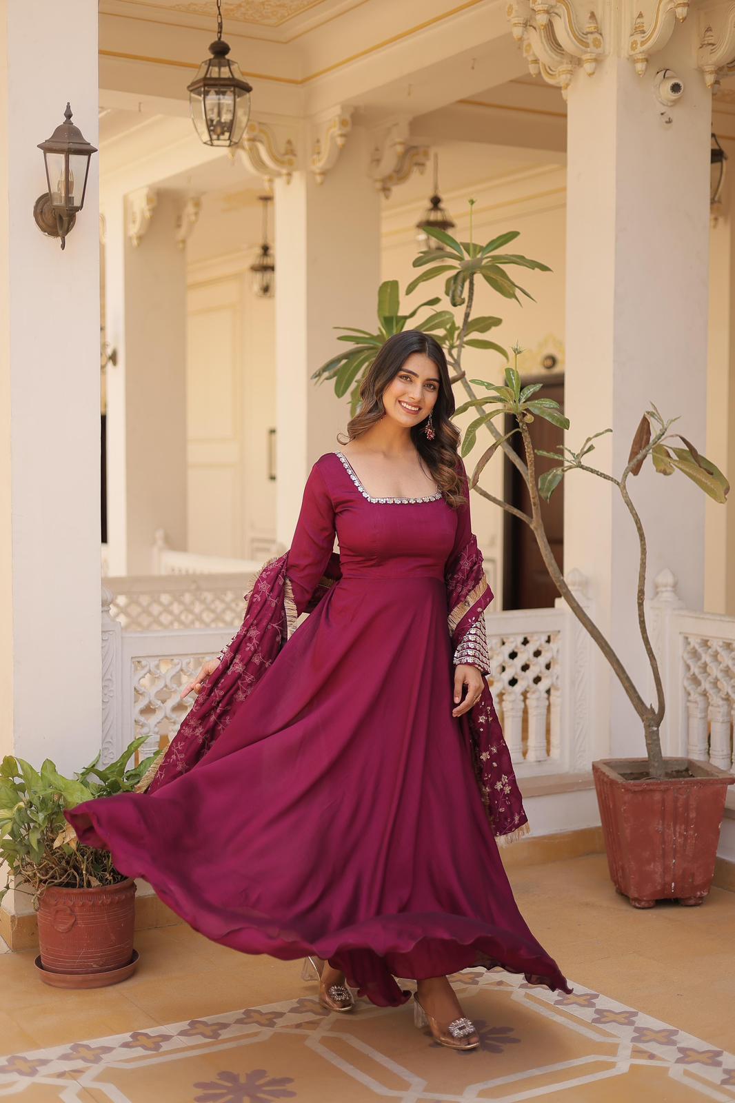Solidcolour Vichitra Silk Embroidery Work Anarkali - Shopaholics Choice