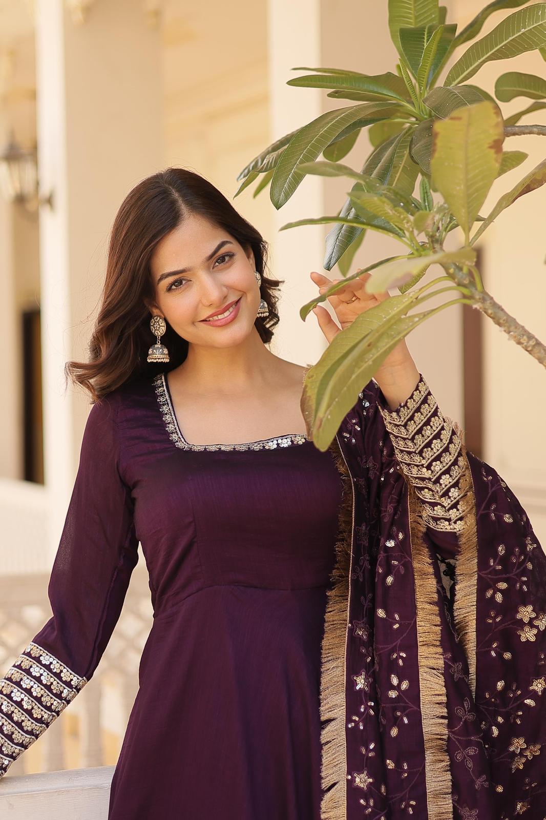 Solidcolour Vichitra Silk Embroidery Work Anarkali - Shopaholics Choice
