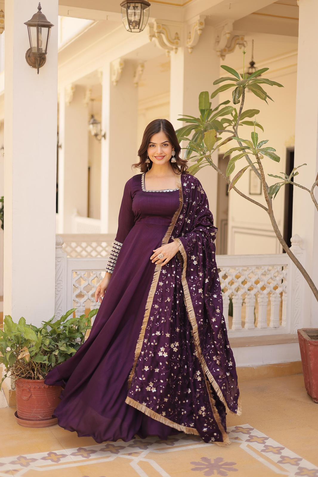 Solidcolour Vichitra Silk Embroidery Work Anarkali - Shopaholics Choice