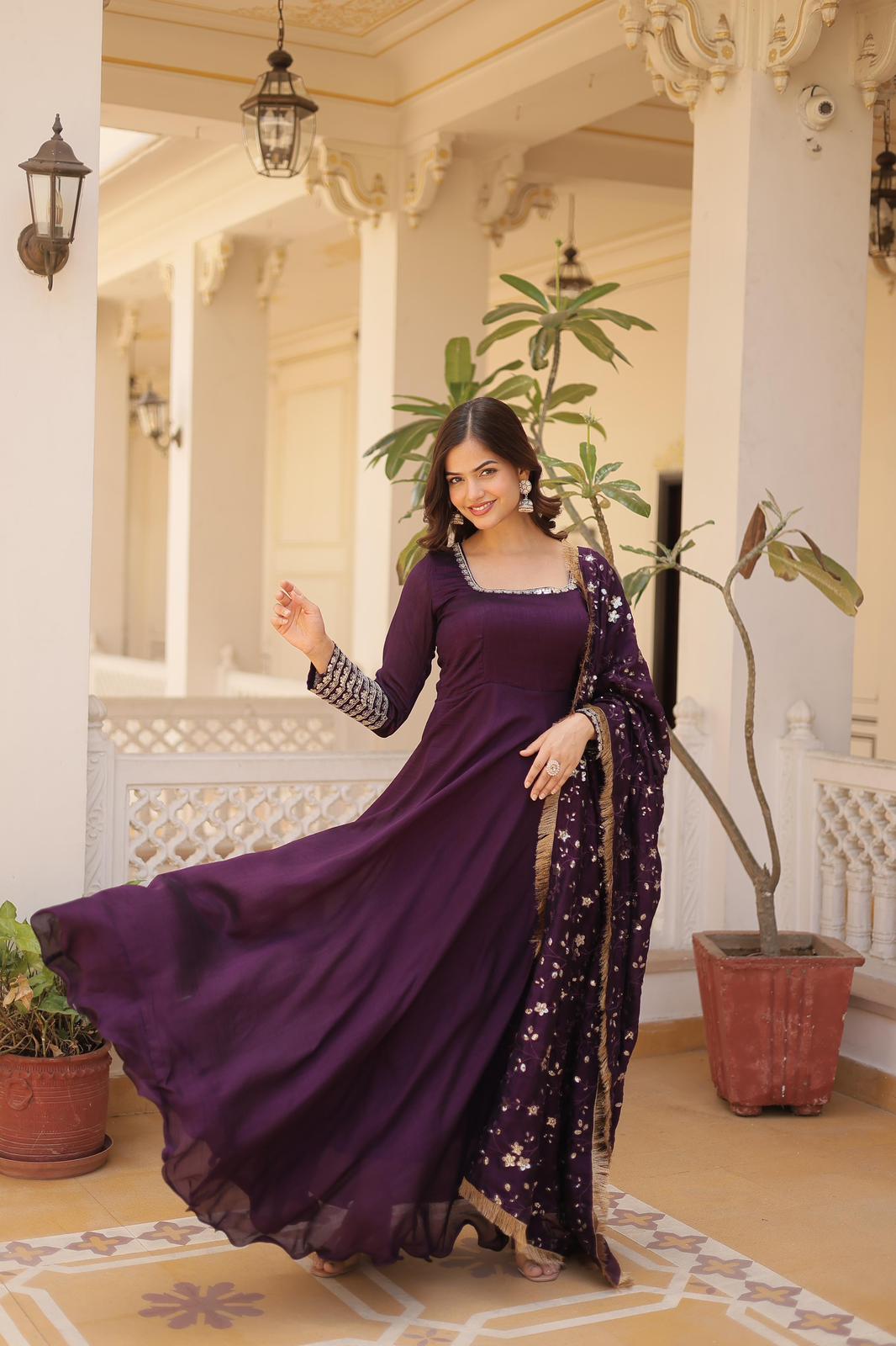 Solidcolour Vichitra Silk Embroidery Work Anarkali - Shopaholics Choice