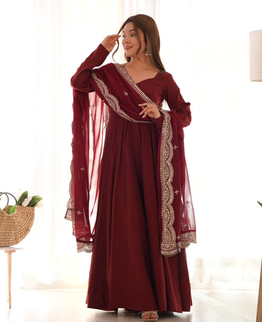 Dark Maroon Roman silk Flared Anarkali - Shopaholics Choice