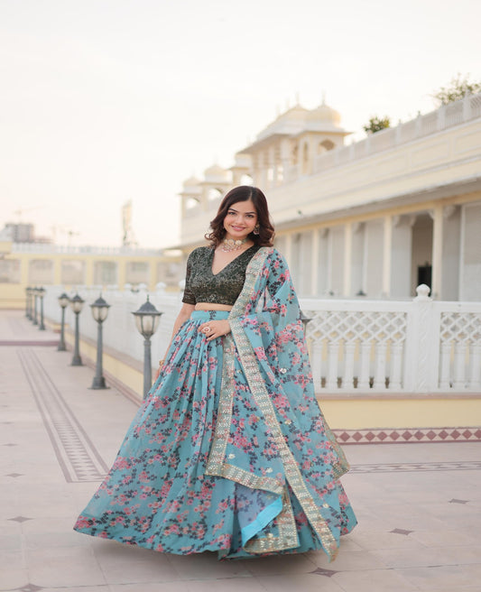 Light Blue Russian Silk Floral Sequins Lehnga - Shopaholics Choice