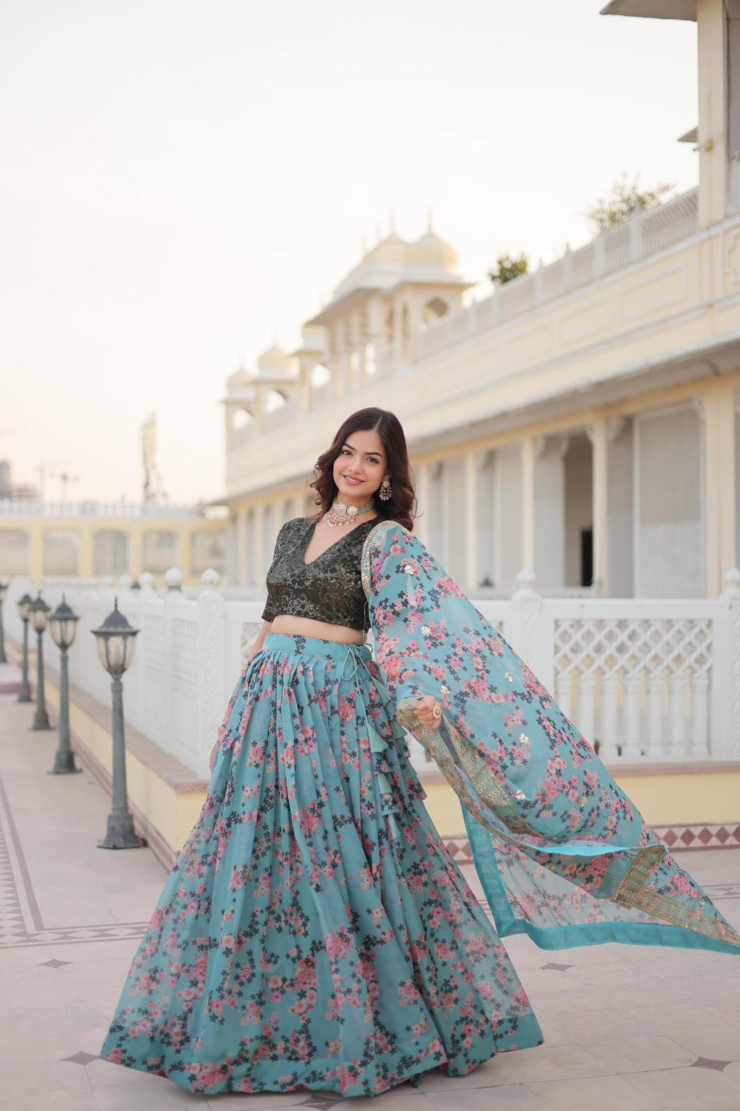 Light Blue Russian Silk Floral Sequins Lehnga - Shopaholics Choice