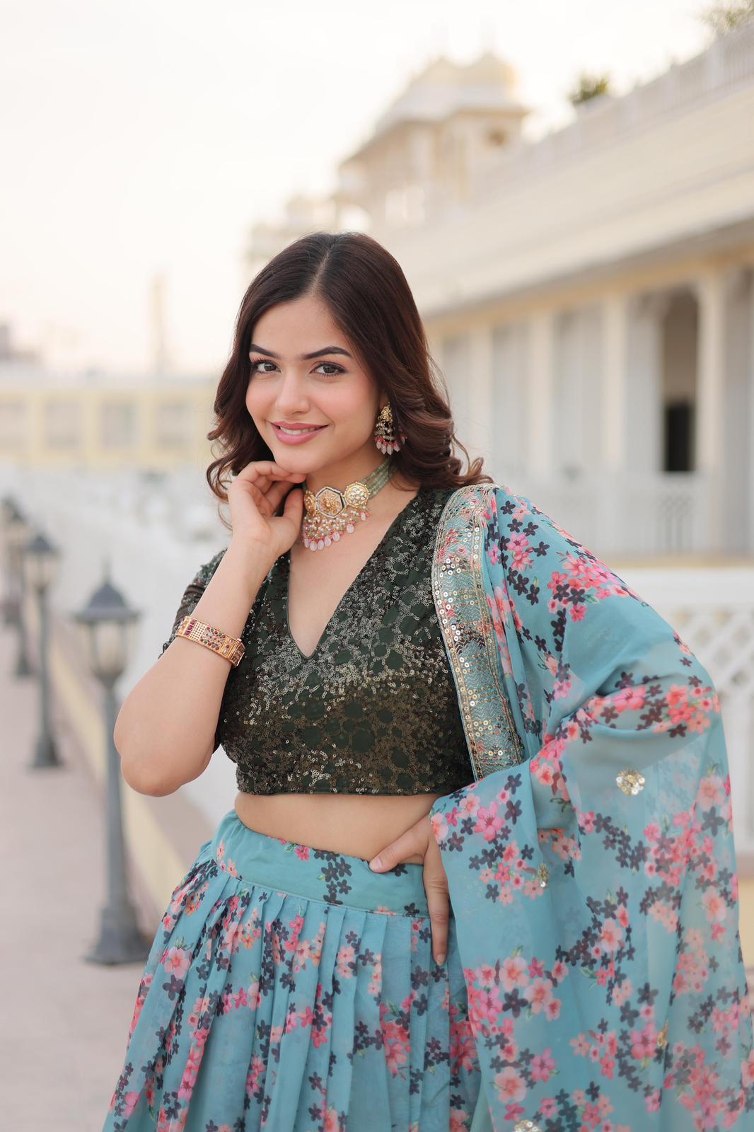 Light Blue Russian Silk Floral Sequins Lehnga - Shopaholics Choice