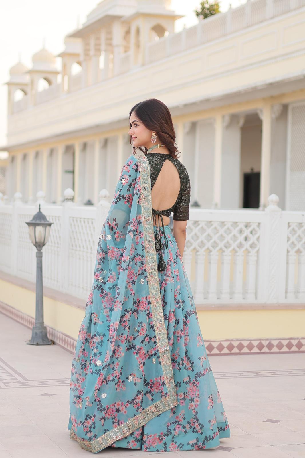 Light Blue Russian Silk Floral Sequins Lehnga - Shopaholics Choice