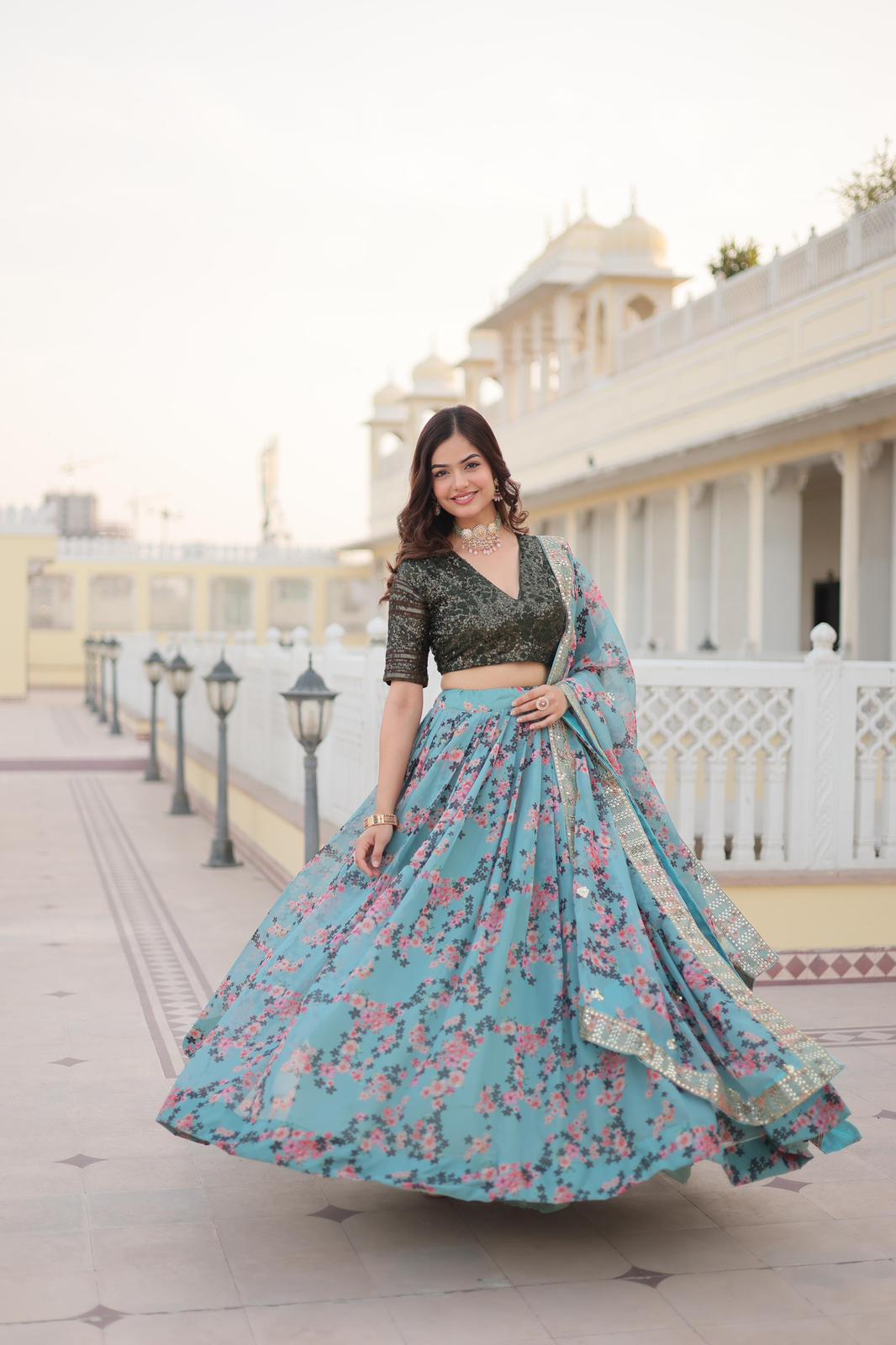 Light Blue Russian Silk Floral Sequins Lehnga - Shopaholics Choice