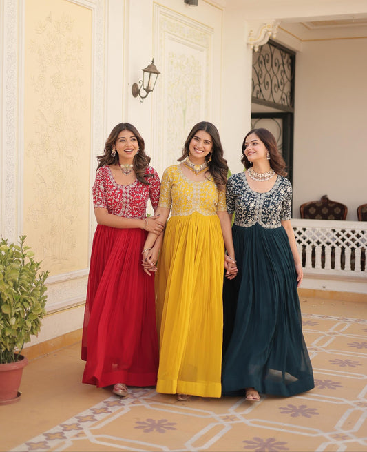 Solidcolour Blooming Embroidery Work Gown - Shopaholics Choice