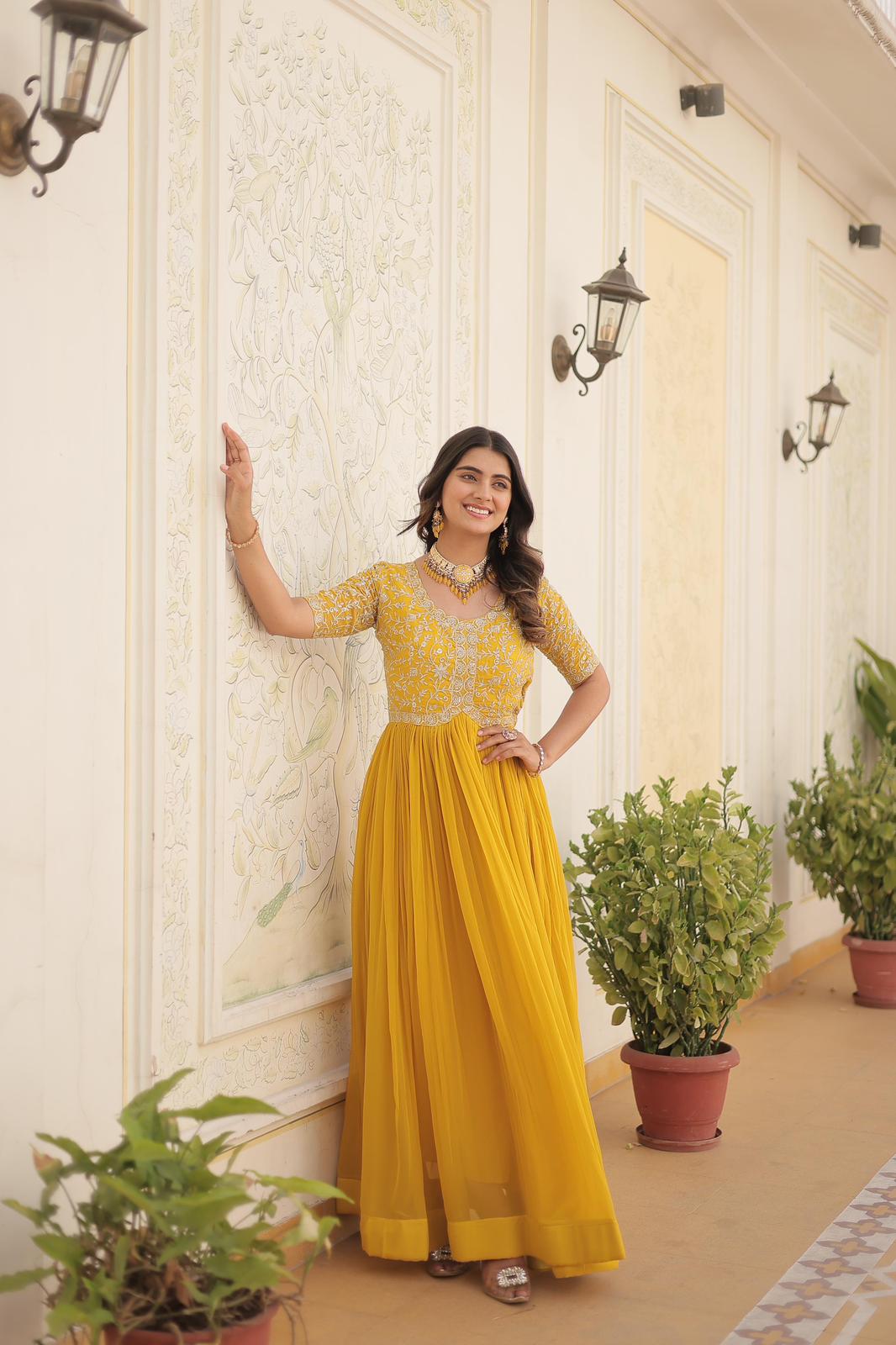Solidcolour Blooming Embroidery Work Gown - Shopaholics Choice