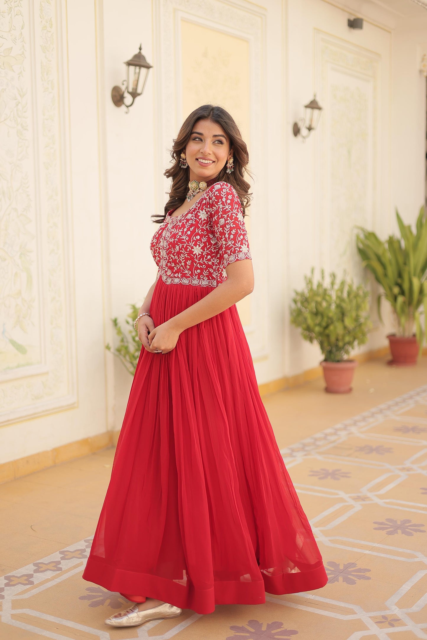 Solidcolour Blooming Embroidery Work Gown - Shopaholics Choice