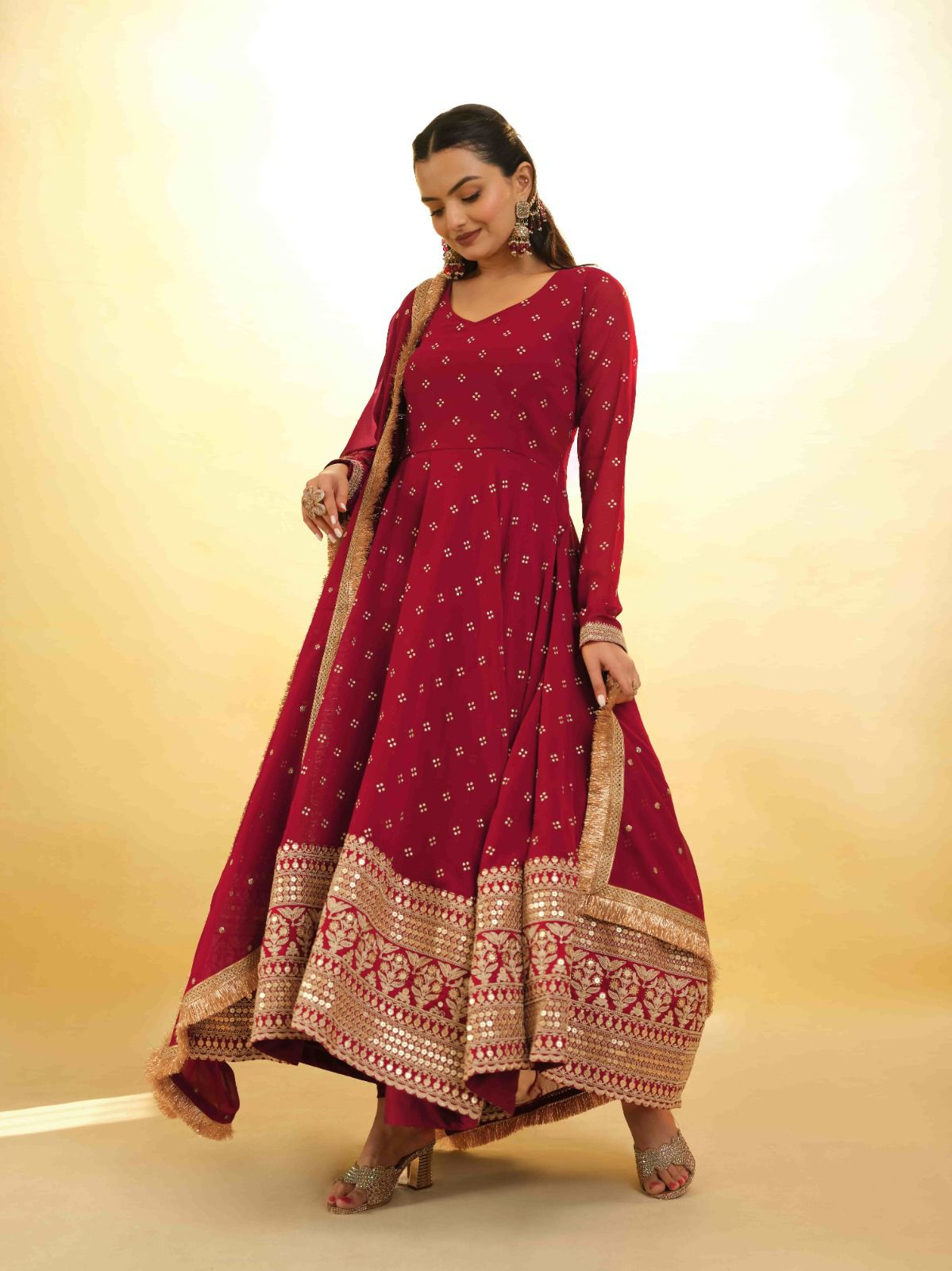 Maroon Georgette Heavy Border Embroidered Anarkali Gown - Shopaholics Choice