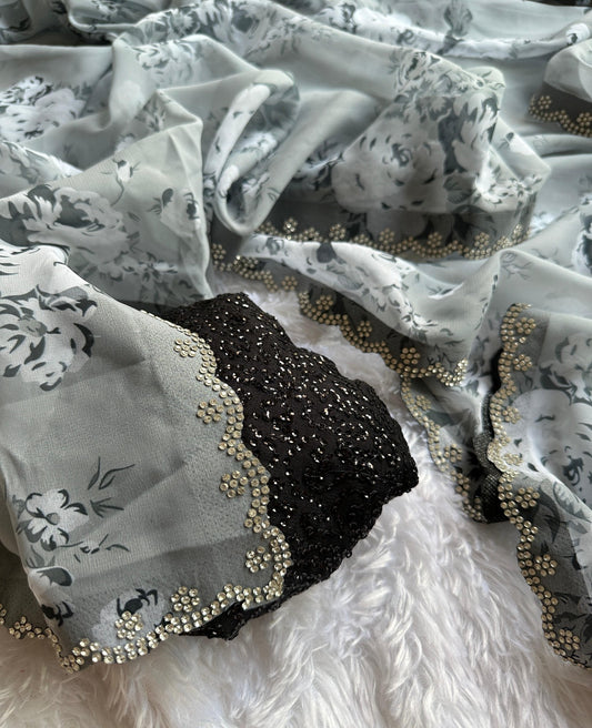 Grey-Black Georgette Jarkan Work Saree - Shopaholics Choice