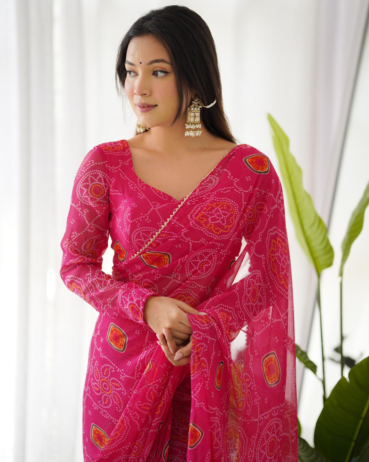 DarkPink Chiffon Bandhej Predrapped Saree - Shopaholics Choice