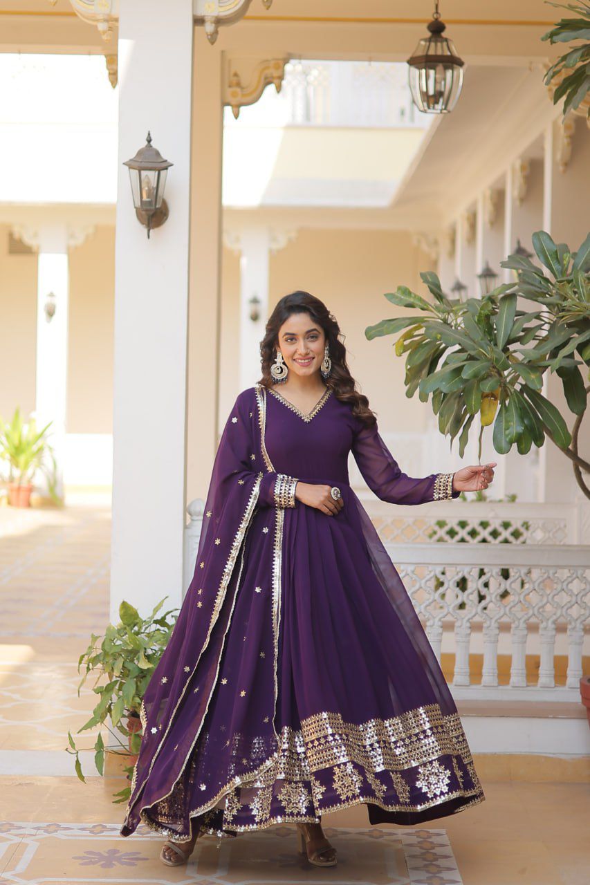 Solidcolour Blooming Embroidered Gown - Shopaholics Choice