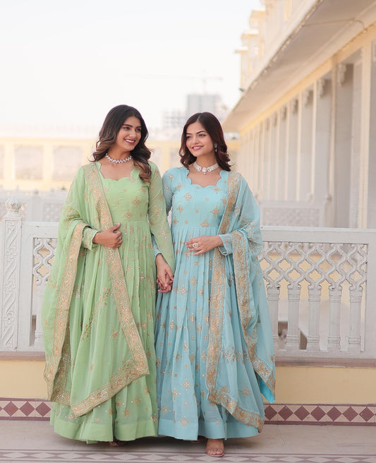 Light Shades Georgette Sequins Work Anarkali Gown - Shopaholics Choice