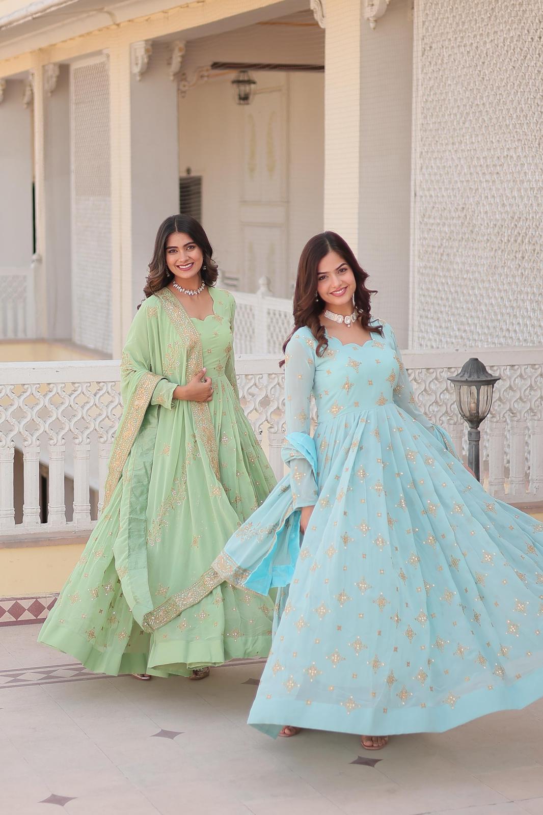 Light Shades Georgette Sequins Work Anarkali Gown - Shopaholics Choice