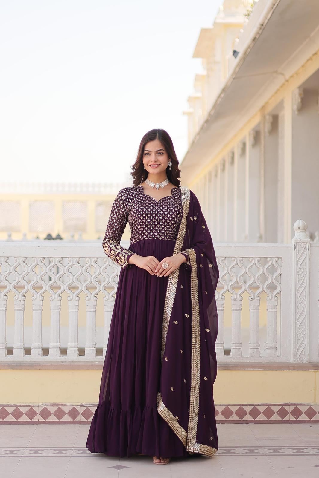 Solidcolour Blooming Multiple Embroidery Anarkali Gown - Shopaholics Choice