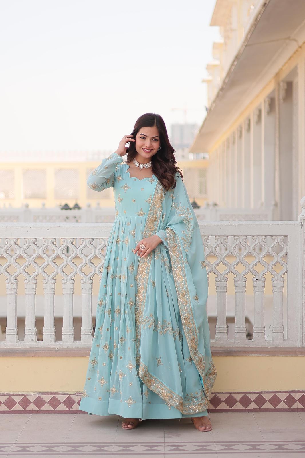 Light Shades Georgette Sequins Work Anarkali Gown - Shopaholics Choice