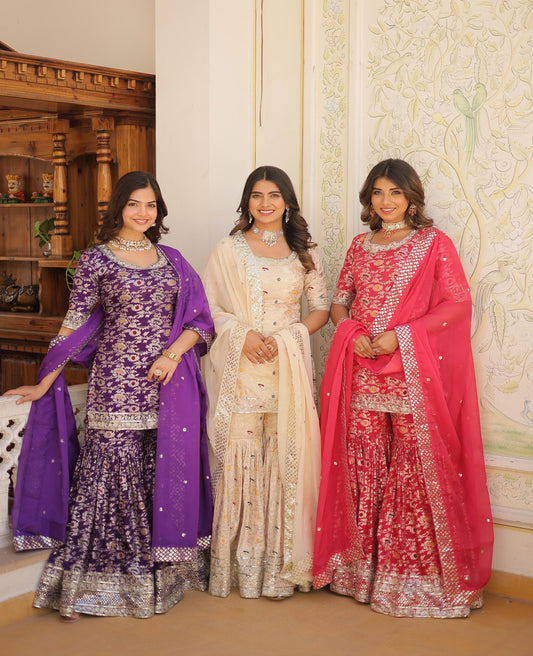 Viscose Jacquard Zari Embroidered Gharara Suit - Shopaholics Choice